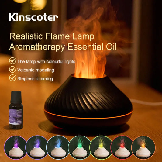 Kinscoter Volcanic Aroma Diffuser Essential Oil Lamp 130ml USB Portable Air Humidifier with Color Flame Night Light