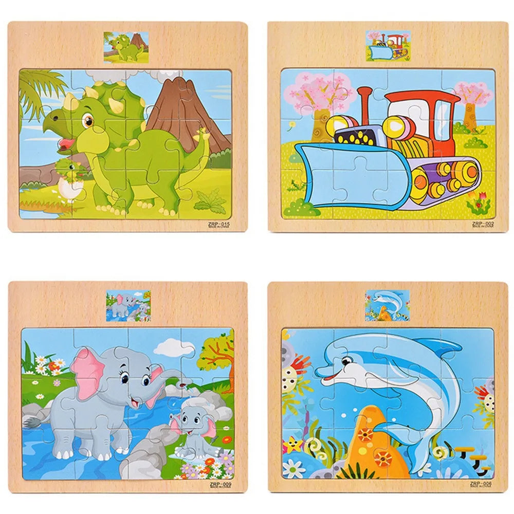 Hot Sale 12/9 PCS Puzzles Wooden Kids Baby Wood Cartoon Vehicle Animals Learning Educational Toys for Children Gift