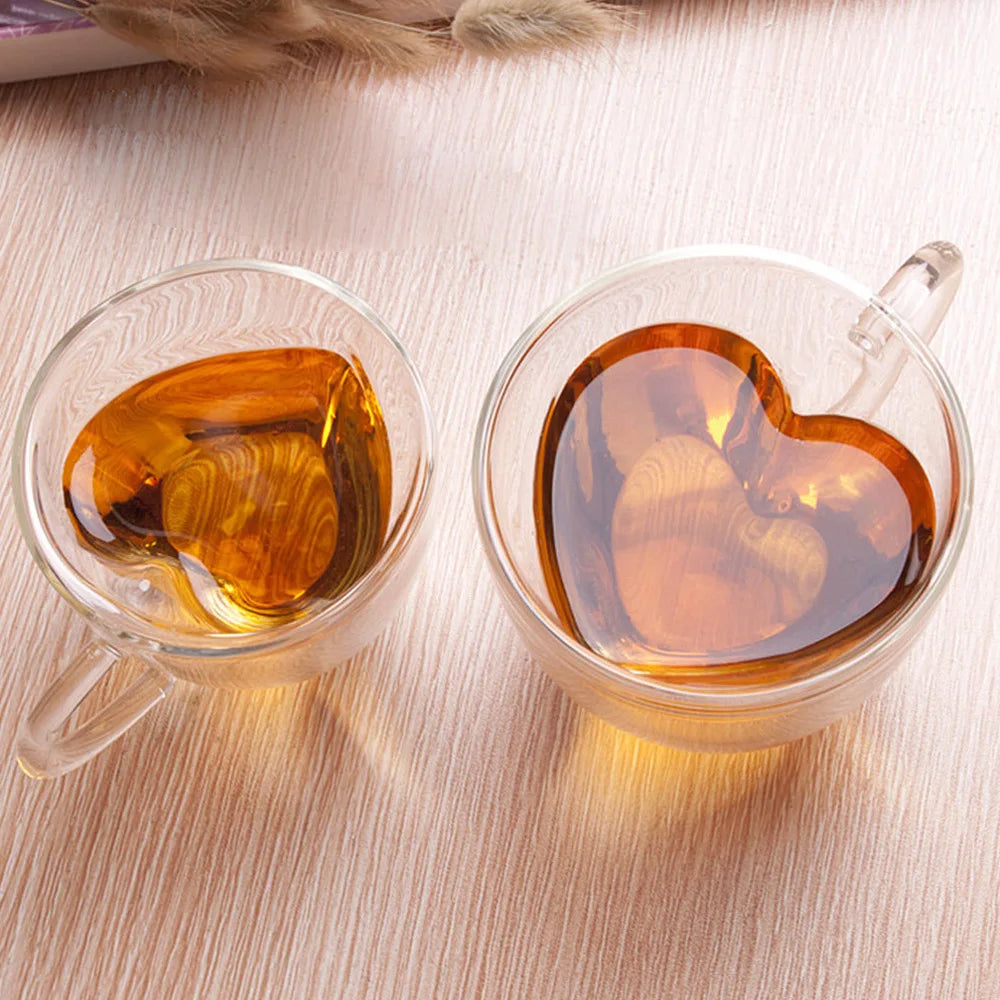 180ml/240ml Heart Love Shaped Tea Mug Juice Cup Coffee Cups Mug Gift Double Layer Glass Mug Heat-Resisting Drinkware