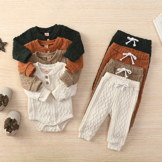 Autumn and Winter New Baby And Toddler Baseball Collar Knitted Jacquard Fabric Jumpsuit+Elastic Waist Pants Casual Set