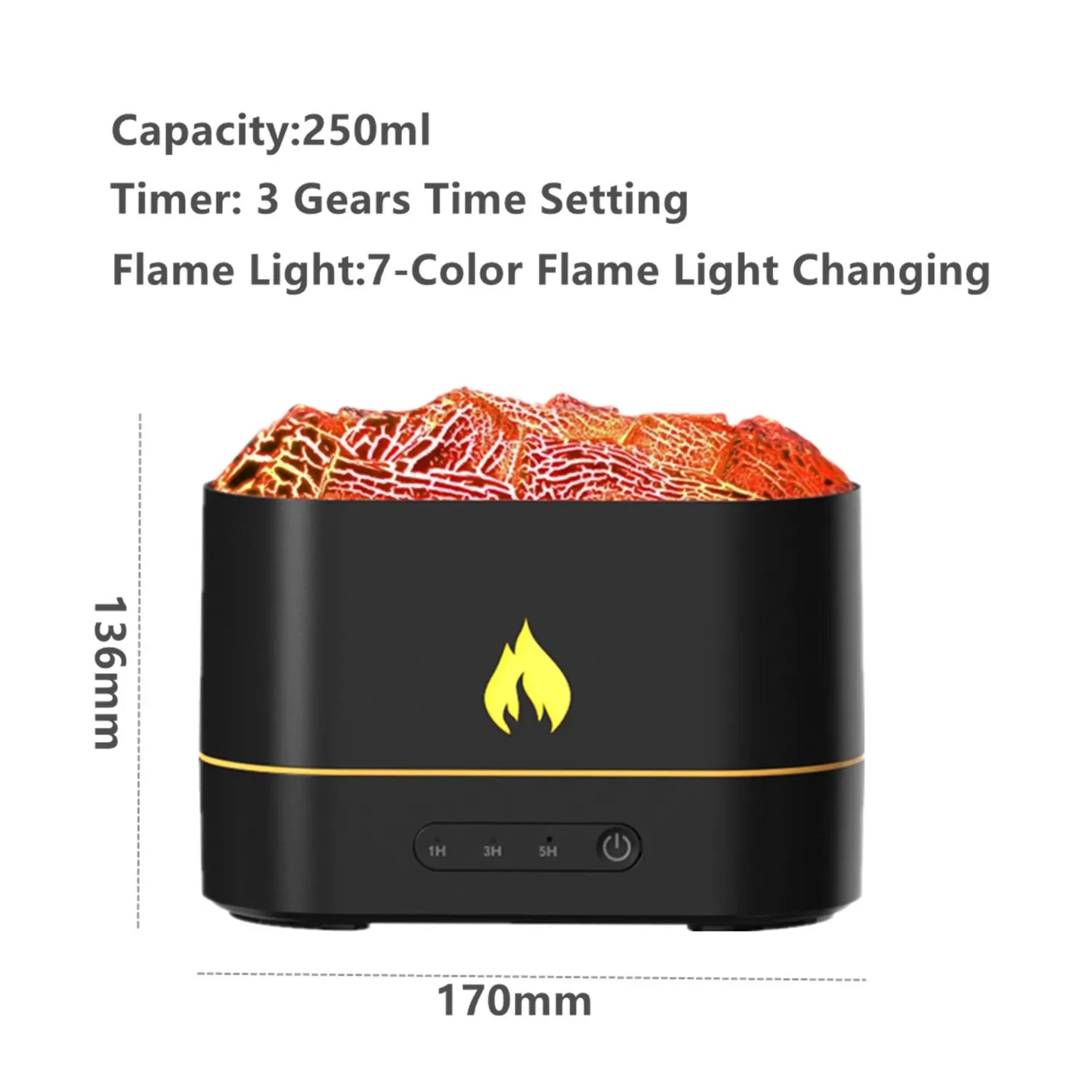 New 250ml Simulated Volcano Air Humidifier Colorful Fire Flame Light Timer Waterless Auto-Off Essential Oil Aroma Diffuser Home