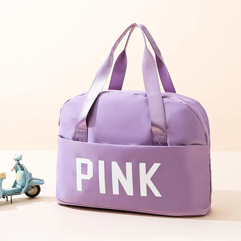 Pink Letter Travel Duffle Bag Handbag Women Men Scalable Large Luggage Bags Wet Dry Separation Fitness Swimming Sports Bag