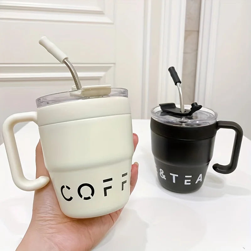 Coffee Cup with Straw Lid Stainless Steel Thermos Mug for Hot Cold Drinks Water Tea Milk Office Outdoor 480ML Portable Bottle