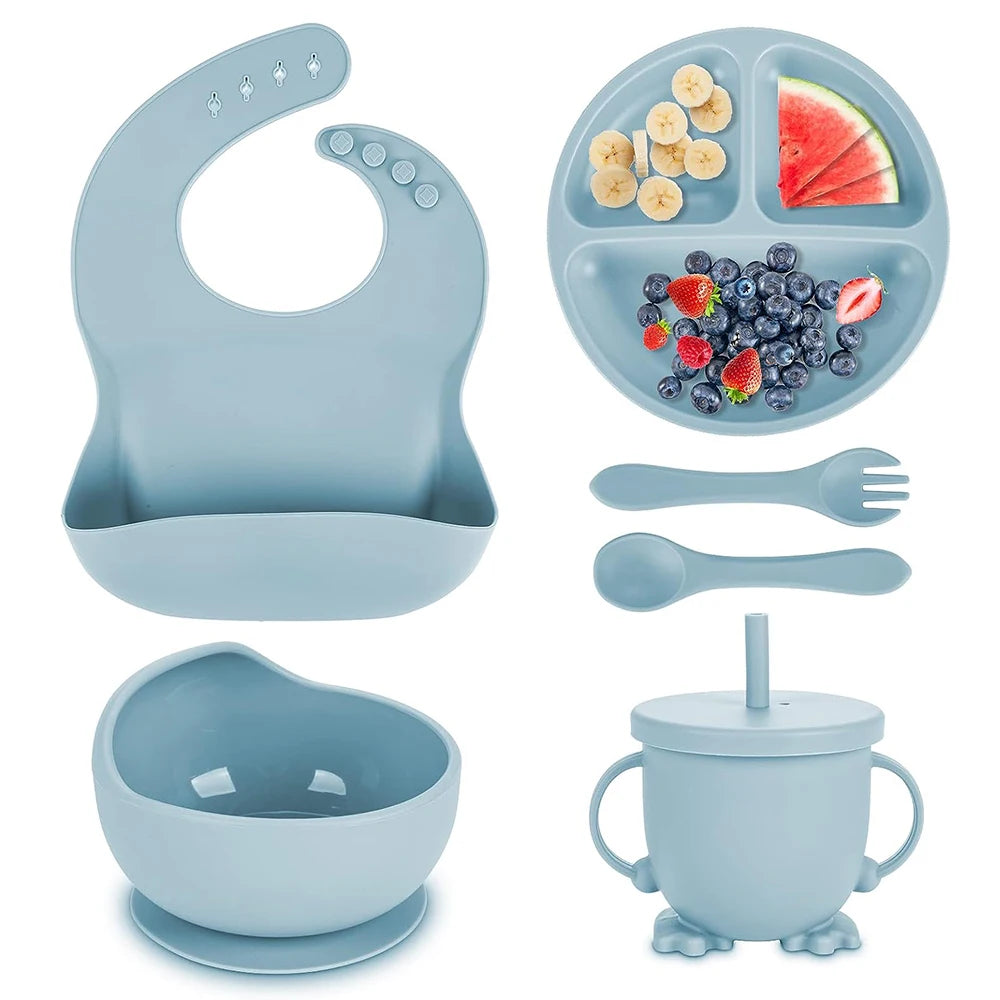 Children's Dishes Set Baby Silicone Tableware 6PCS Set Sucker Bowl Bib Cup Fork Spoon Set Maternal and Infant Supplies BPA  Free