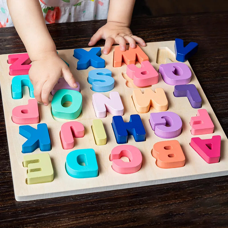 Wooden Puzzle Montessori Toys for Baby 1 2 3 Years Old Kids Alphabet Number Shape Matching Games Children Early Educational Toys