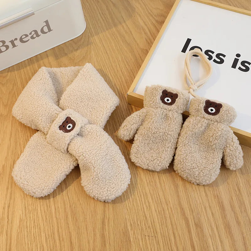 New Bear Winter Baby Scarf Gloves Set Lamb Wool Korean Warm Kids Neck Warmer Mittens Children Boys Girls Accessories 2-6Y