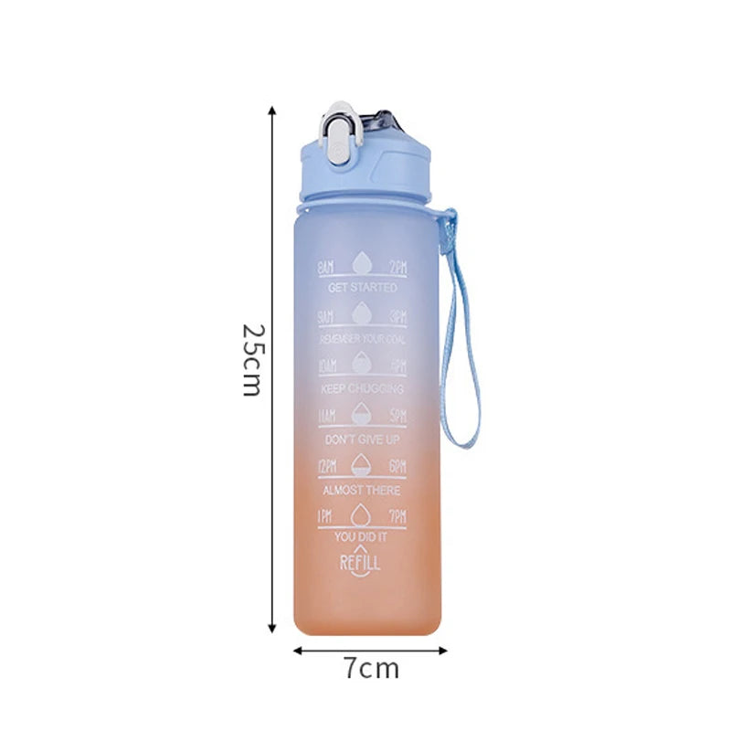 900ML Sports Water Bottle with Time Marker High Temperature Resistant Rainbow Frosted Progressive Color Plastic Bottle BPA Free