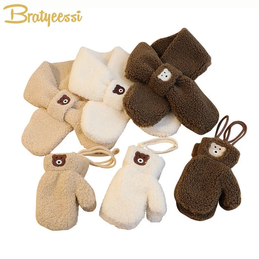 New Bear Winter Baby Scarf Gloves Set Lamb Wool Korean Warm Kids Neck Warmer Mittens Children Boys Girls Accessories 2-6Y