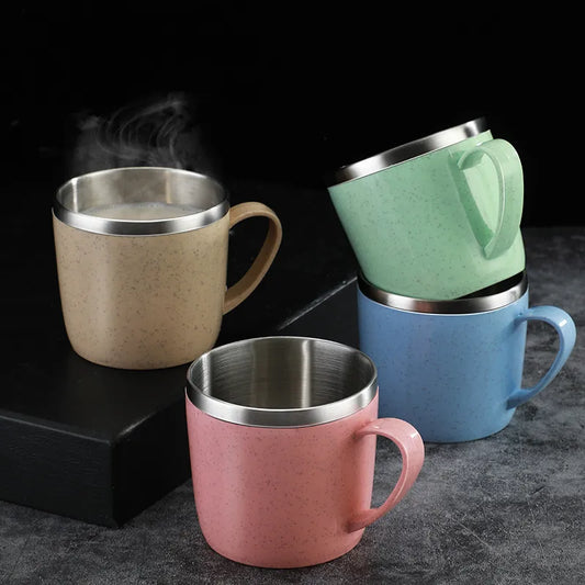 Double Layer Anti-scalding Stainless Steel Cups Plastic Handle Coffee Milk Mug Tea Drinks Water Cup for Home Office Tumbler