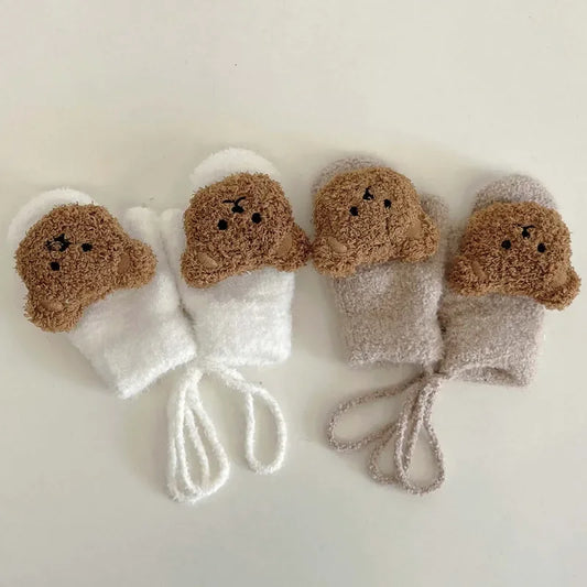 1-4Y Cartoon Bear Baby Mittens Winter Warm Kids Baby Girl Gloves Knitted Children Toddler Thick Teething Mitten Handschoen