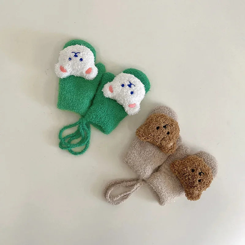 1-4Y Cartoon Bear Baby Mittens Winter Warm Kids Baby Girl Gloves Knitted Children Toddler Thick Teething Mitten Handschoen