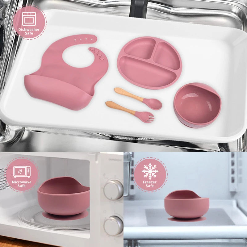 Children's Dishes Set Baby Silicone 5/8-piece Tableware Set Suction Cups Forks Spoons Bibs Straws Cups Mother and Baby Supplies