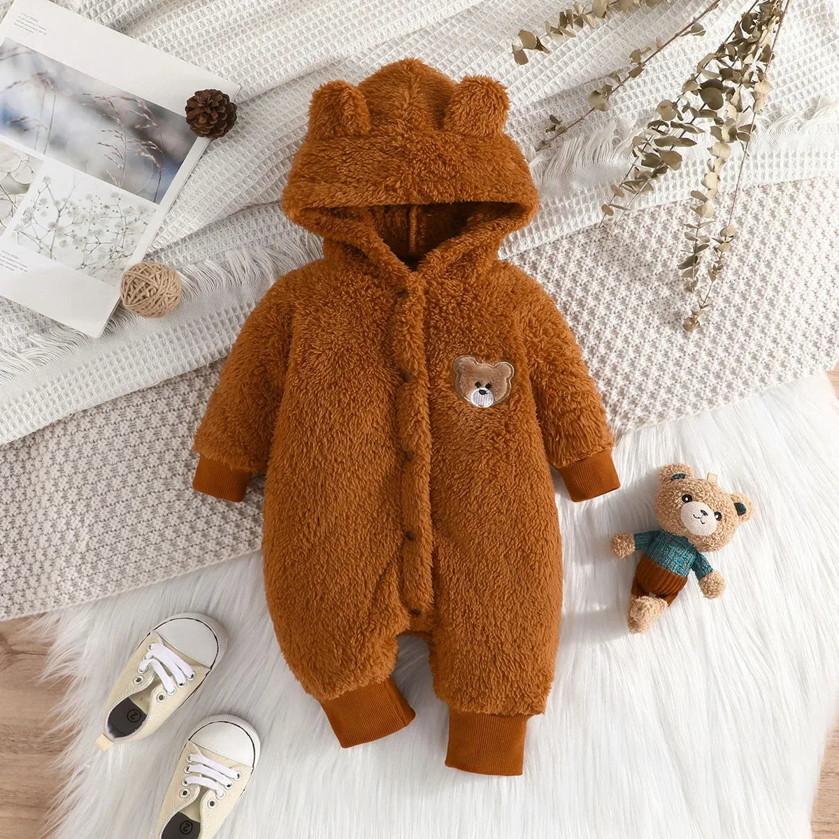 Newborn Baby Clothes 1 to 18 Months Cartoon Cute Bear Onesies For Baby Girl Boy Long Sleeve Hoodie Warm Winter Infant Romper