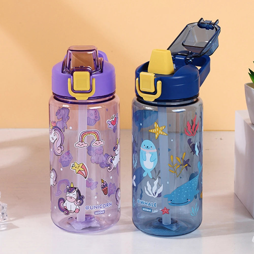 600Ml Cute Kids Water Bottle With Straw Sippy Cup Leakproof Baby Feeding Cups Portable Children Water Bottles for School Outdoor
