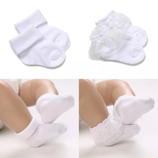 4 Pairs of Cute Lace Cotton Baby Socks 0-1 Years Old Boys and Girls Short Socks Newborn White Baptism