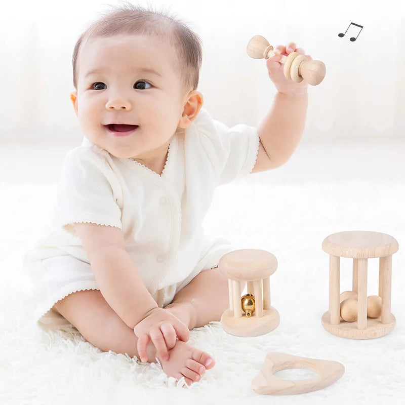 4 Pieces Wooden Baby Rattle Toy