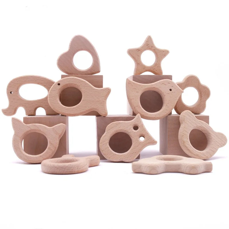 5pcs Wholesale Wooden Teether Rodent Pacifier Pendant Wooden Toys DIY Baby Necklace Gift BPA Free Beech Hedgehog Bird