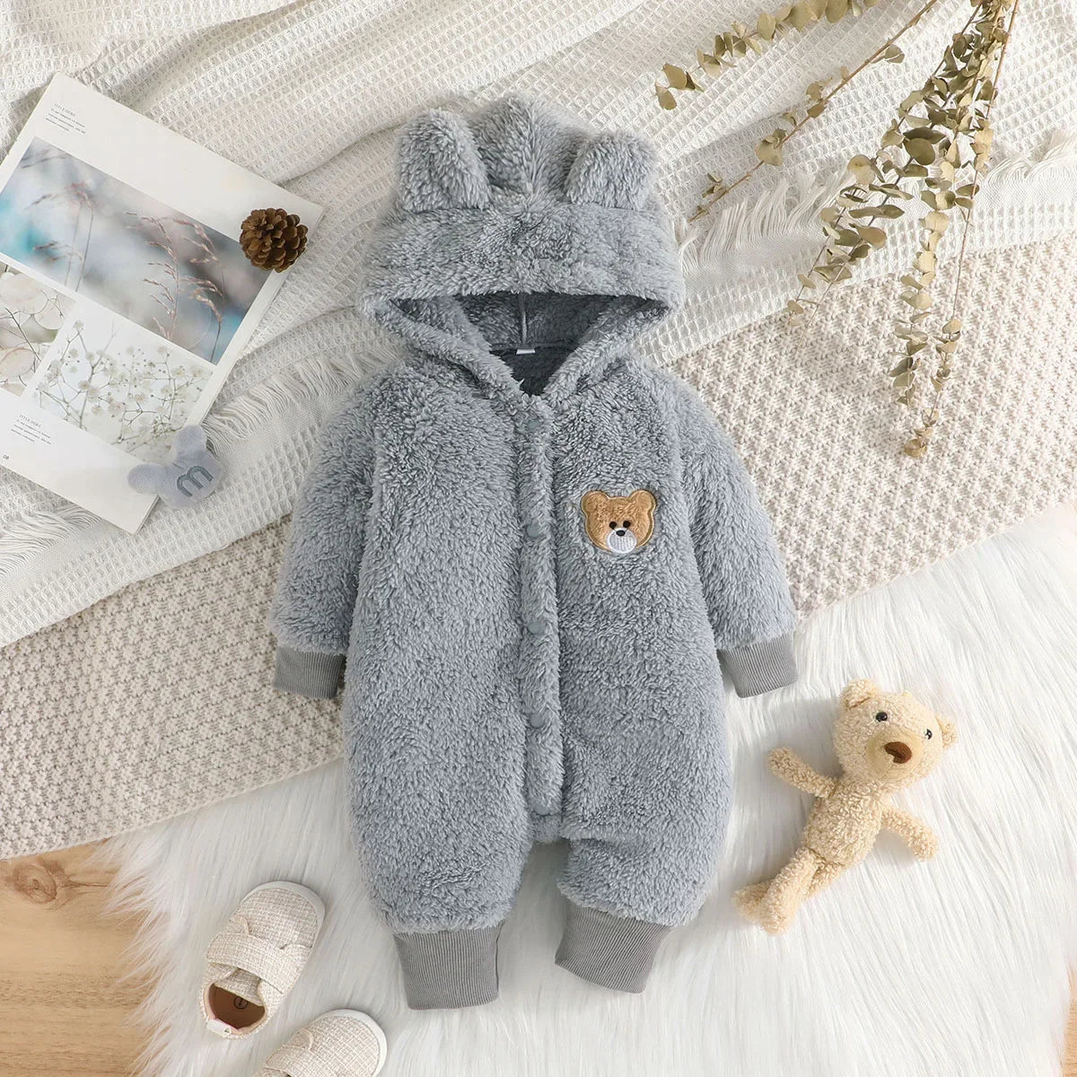 Newborn Baby Clothes 1 to 18 Months Cartoon Cute Bear Onesies For Baby Girl Boy Long Sleeve Hoodie Warm Winter Infant Romper