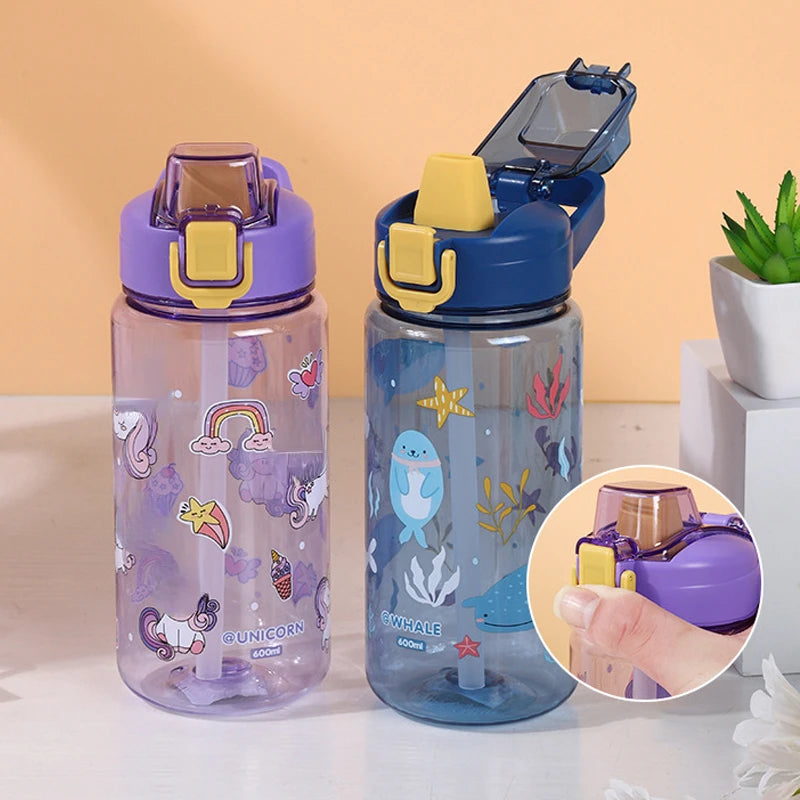 600Ml Kids Sippy Cup Water Bottles Creative Cartoon Special Anti-falling Water Bottle for School in Summer Portable Water Cup