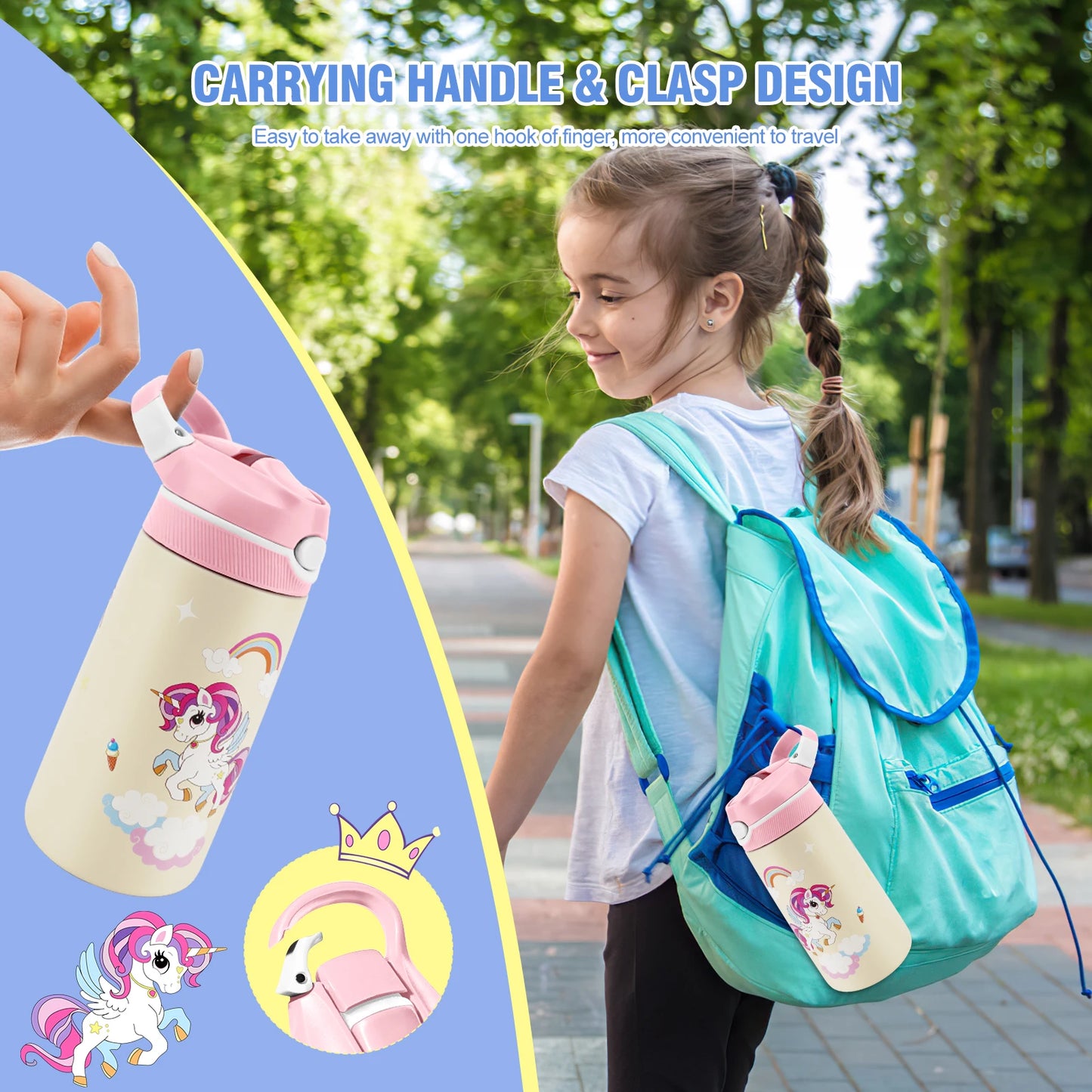 400ML Children Thermal Bottle Unicorn Water Bottle Keep Cold Water Bottle Portable Travel School Water Bottle for Kids Free BPA