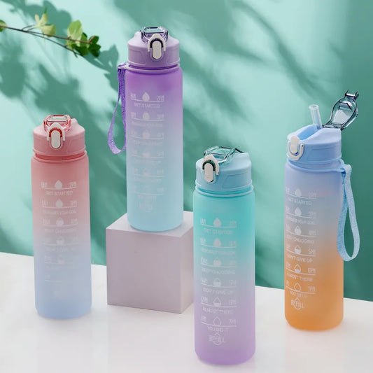 750ml Cute Water Bottle Frosted Cartoon Portable Motivational Water Cup With Plastic Straw Outdoor Sports Camping Drinking Tools