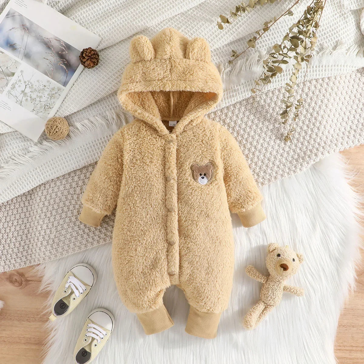 Newborn Baby Clothes 1 to 18 Months Cartoon Cute Bear Onesies For Baby Girl Boy Long Sleeve Hoodie Warm Winter Infant Romper