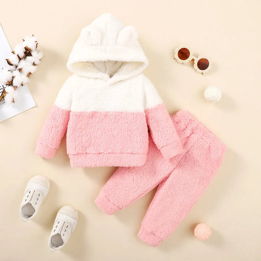 0-2 Years Newborn Baby Girl Fluff Hooded Clothes Set Long Sleeve Hoodie Top + Pant Autumn and Winter Warm Daily 2PCS Outfit