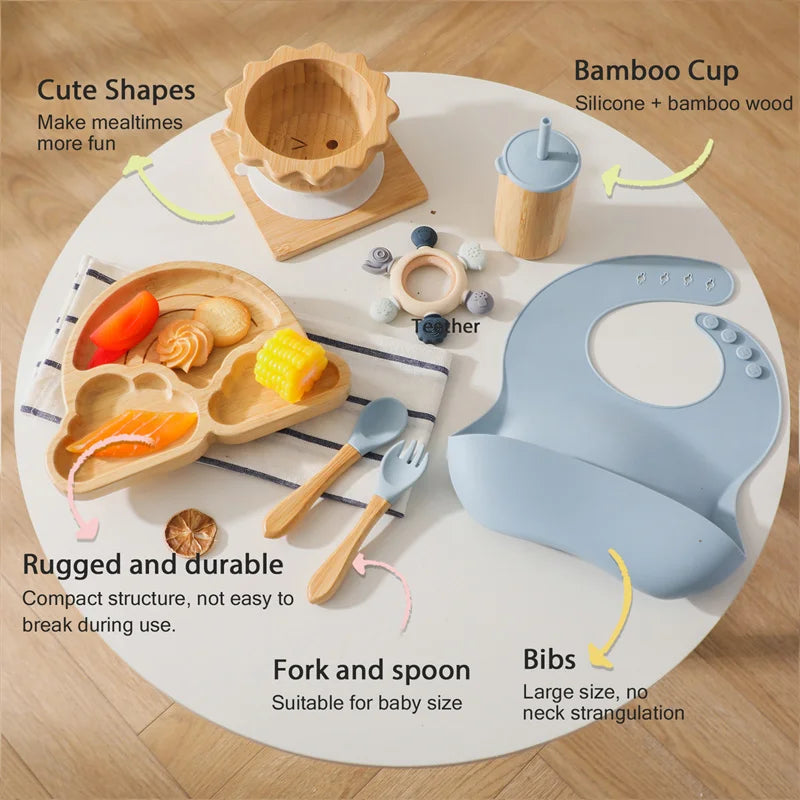 7pcs Silicone Baby Feeding Set Baby Feeding Supplies Kids Bamboo Dinnerware With Cup Children's Dishes Bowl Stuff Tableware Gift