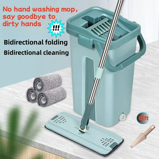 Flat Squeeze Mop with Bucket Hand Free Wringing Floor Cleaning Mop Microfiber Mop Pads Wet or Dry Usage on Hardwood Laminate