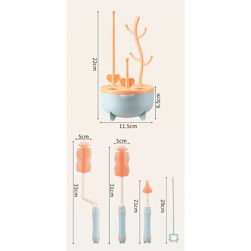 Portable 6 in 1 Baby Bottle Cleaner Set with Drying Rack