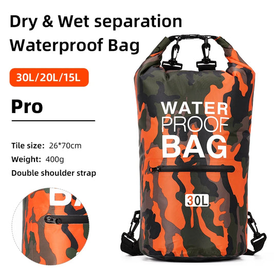 30L 15L Waterproof Dry Bags With Wet Separation Pocket Backpack For Kayaking Boating Swimming Outdoor Sports Bag