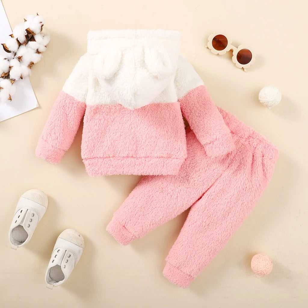 0-2 Years Newborn Baby Girl Fluff Hooded Clothes Set Long Sleeve Hoodie Top + Pant Autumn and Winter Warm Daily 2PCS Outfit