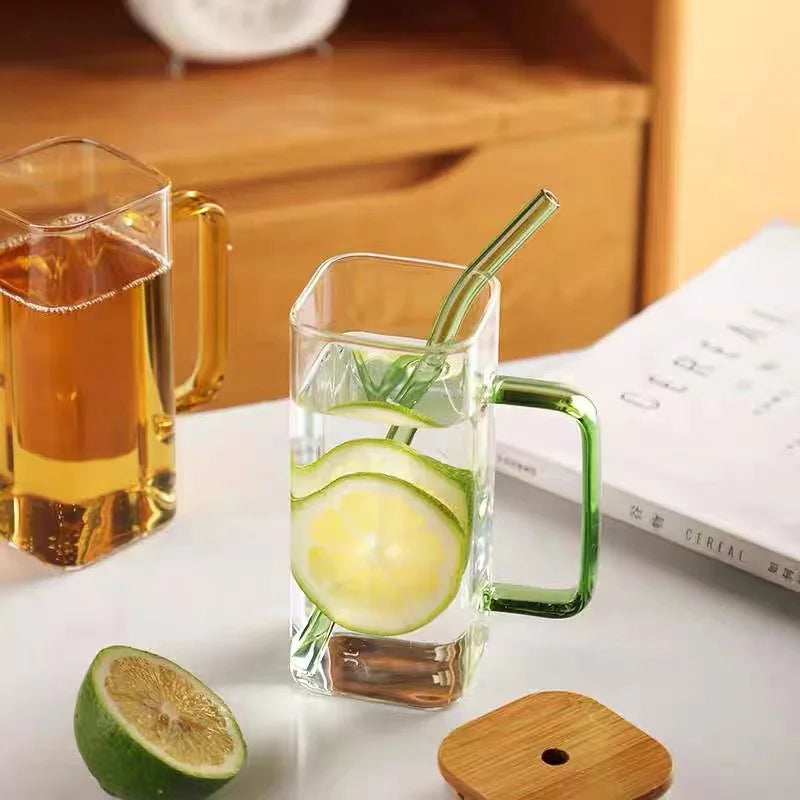 400ml Square Glass Mug With Lid and Straw Breakfast Milk Cup Microwave Safe Transparent Party Coffee Mug Drinkware Glass