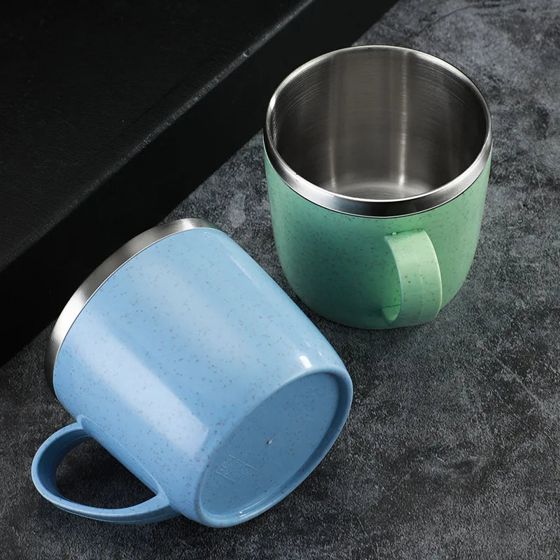 Double Layer Anti-scalding Stainless Steel Cups Plastic Handle Coffee Milk Mug Tea Drinks Water Cup for Home Office Tumbler