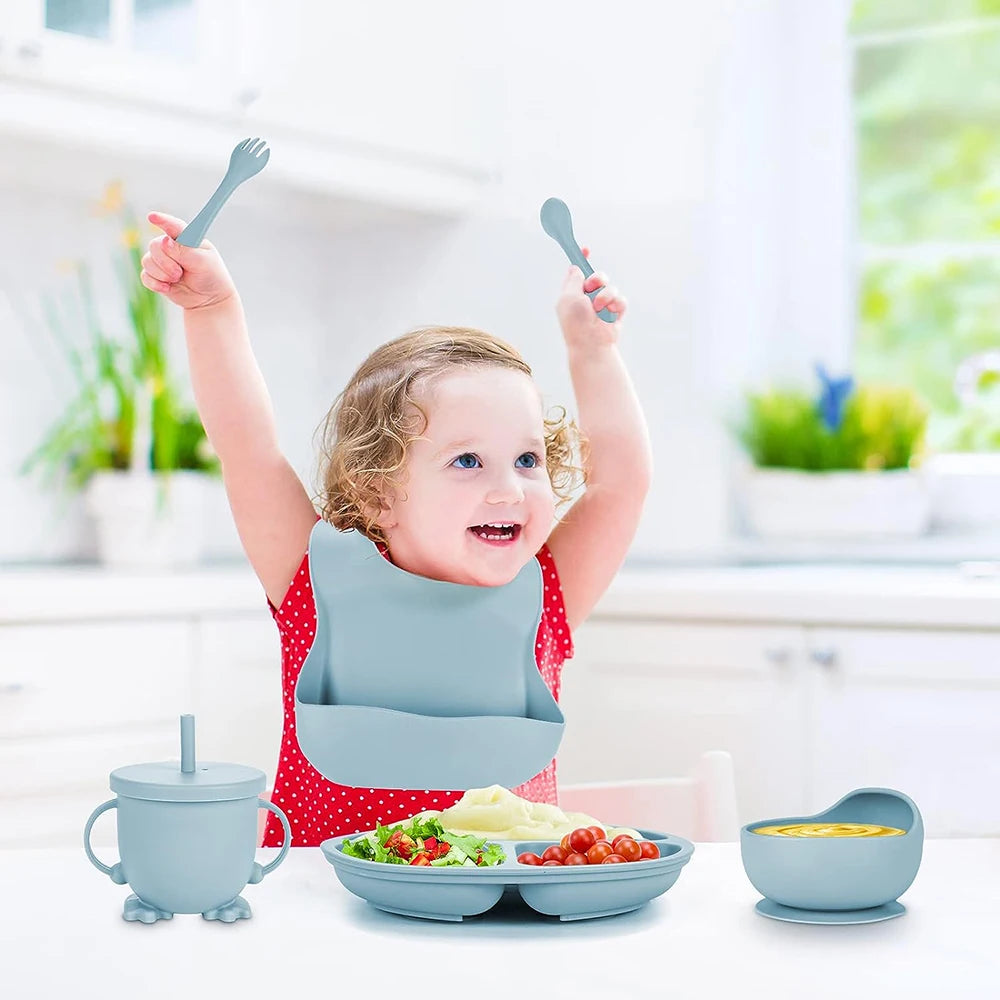 Children's Dishes Set Baby Silicone Tableware 6PCS Set Sucker Bowl Bib Cup Fork Spoon Set Maternal and Infant Supplies BPA  Free