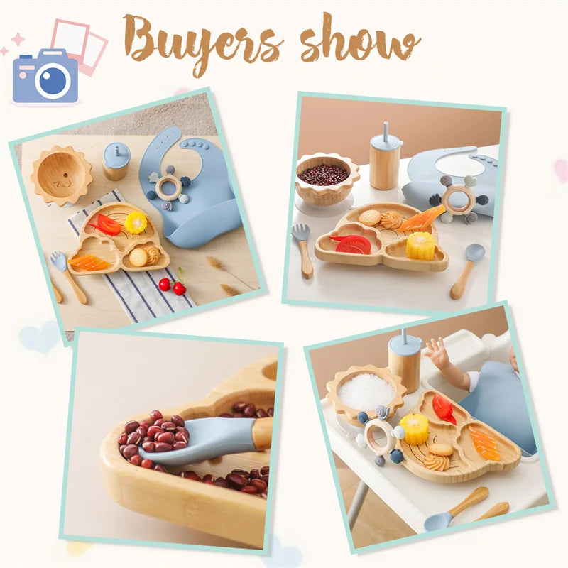 7pcs Silicone Baby Feeding Set Baby Feeding Supplies Kids Bamboo Dinnerware With Cup Children's Dishes Bowl Stuff Tableware Gift