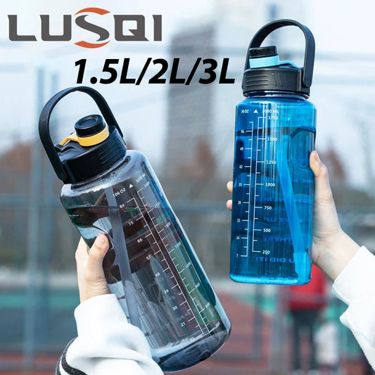 LUSQI 1.5L/2L/3L Sports Water Bottle Large Capacity Plastic Cup Leak-proof With Straw And Time Marker For Home Outdoor Sports