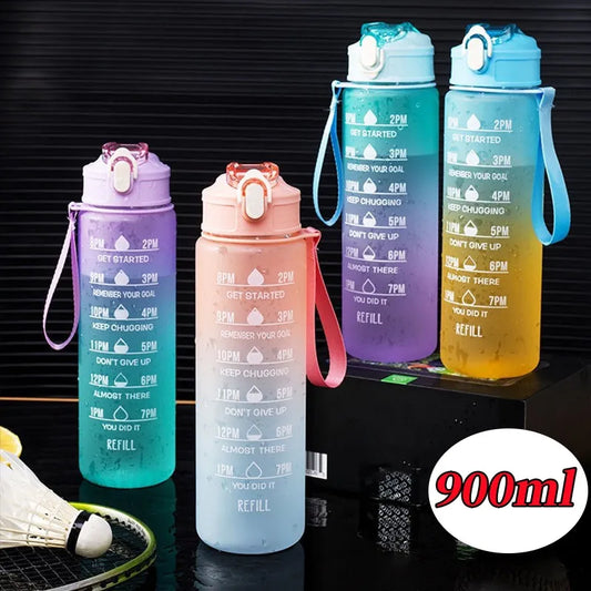 900ML Sports Water Bottle with Time Marker High Temperature Resistant Rainbow Frosted Progressive Color Plastic Bottle BPA Free
