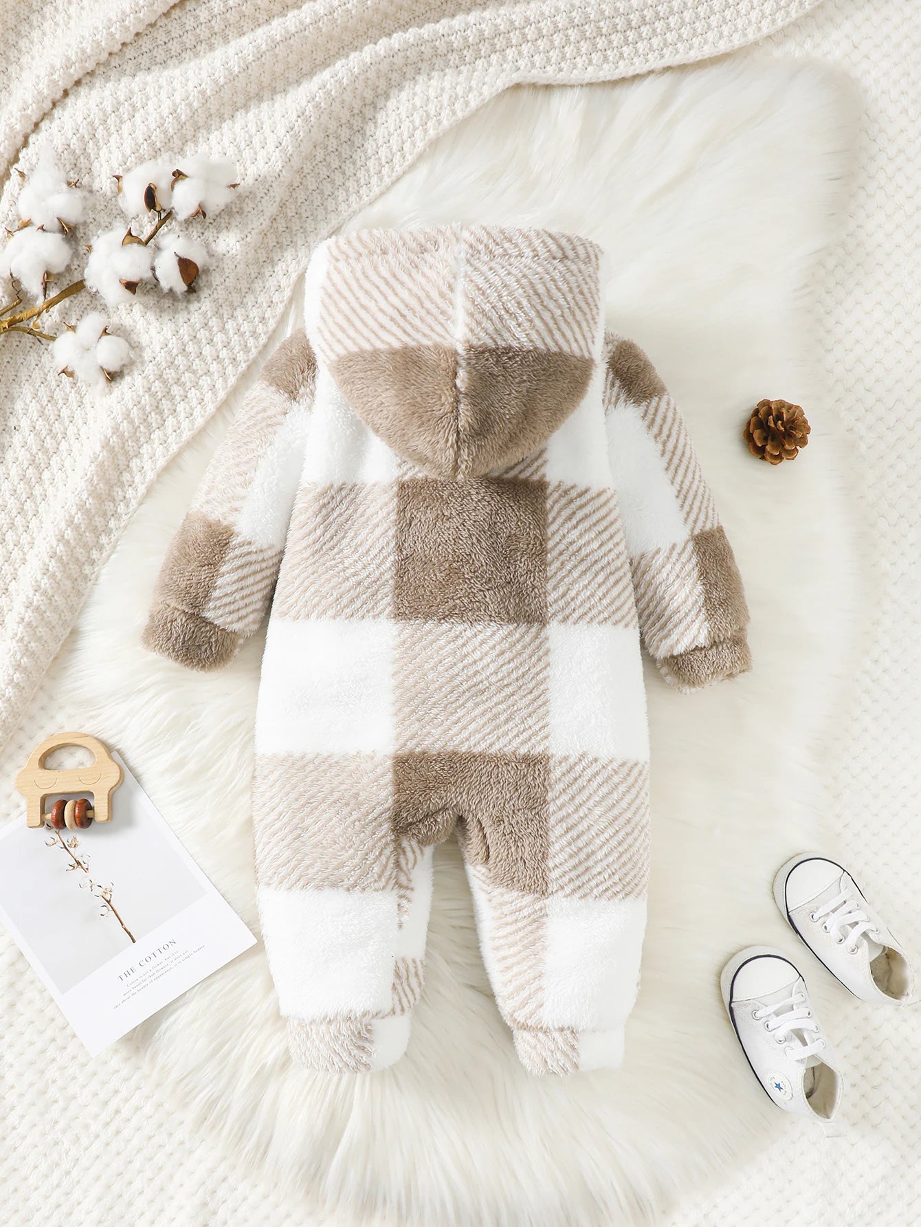 Baby Boys and Girls Plaid Romper Hooded Long Sleeved  Plush Jumpsuit Winter Warm Bodysuit Clothes for 3-24 Months Toddler Boy