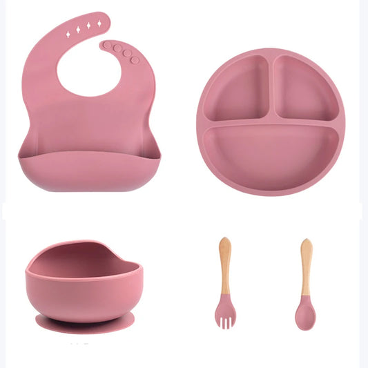 Children's Dishes Set Baby Silicone 5/8-piece Tableware Set Suction Cups Forks Spoons Bibs Straws Cups Mother and Baby Supplies