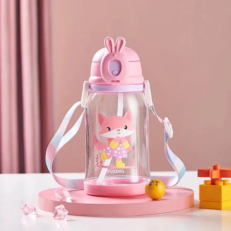 600ml Kids Water Bottle With Straw Plastic Sippy Cup Cartoon Leakproof Tumbler Portable Drinking Bottle Children's Cup Drinkware