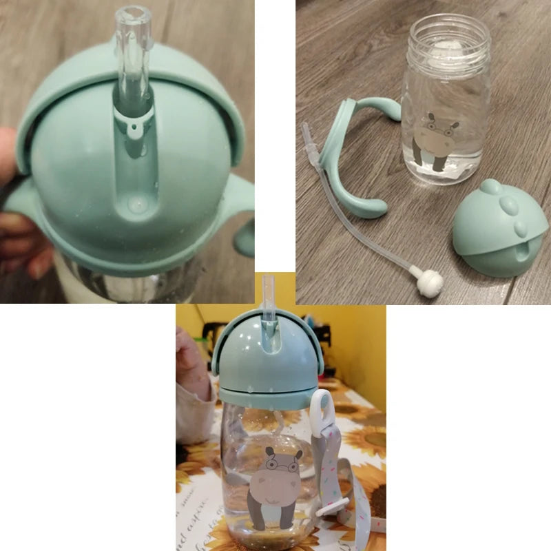 Kids Children Cartoon Animal School Drinking Water Straw Bottle Gravity Ball Straw Baby Cup with Shoulder Strap Water Bottle