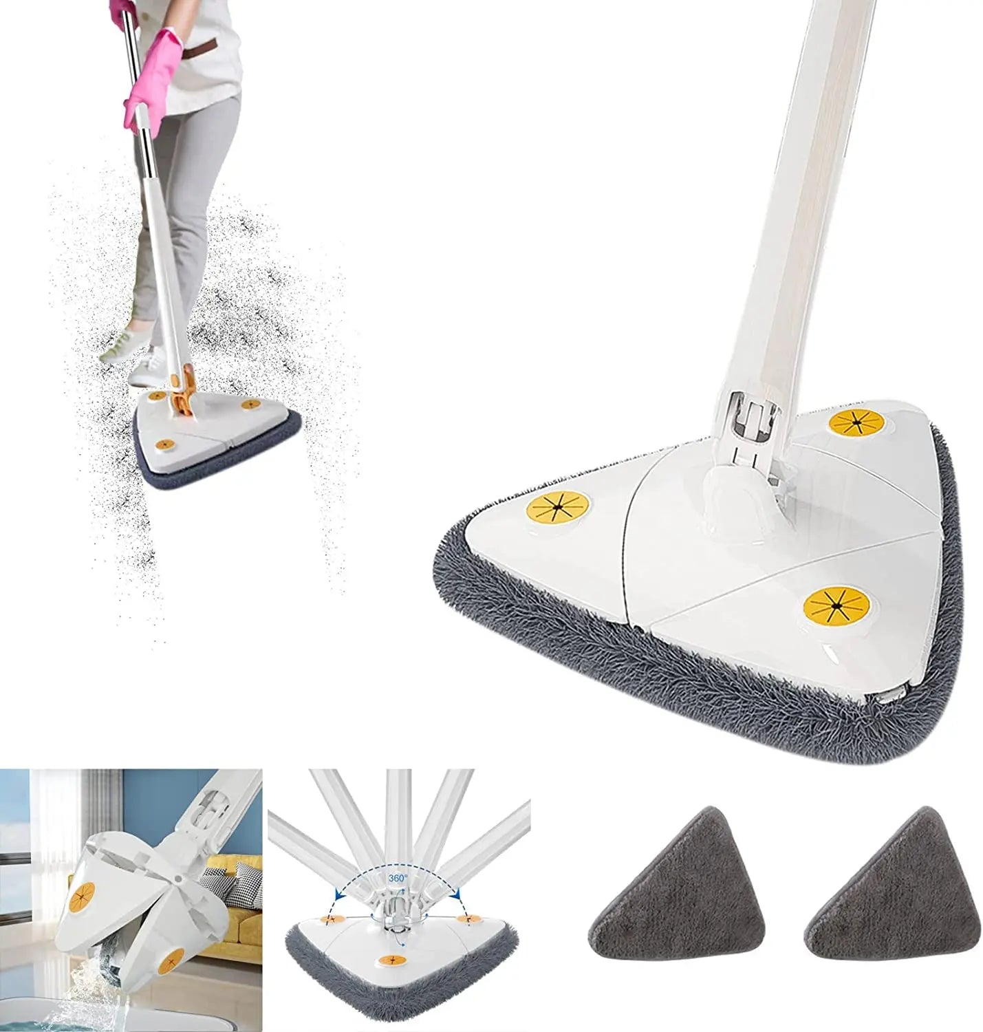 Mop Set 360° Rotatable Telescopic Adjustable Triangular Cleaning Pads Heads MicrofibreSuitable All Floor Types for Wet Dry Use