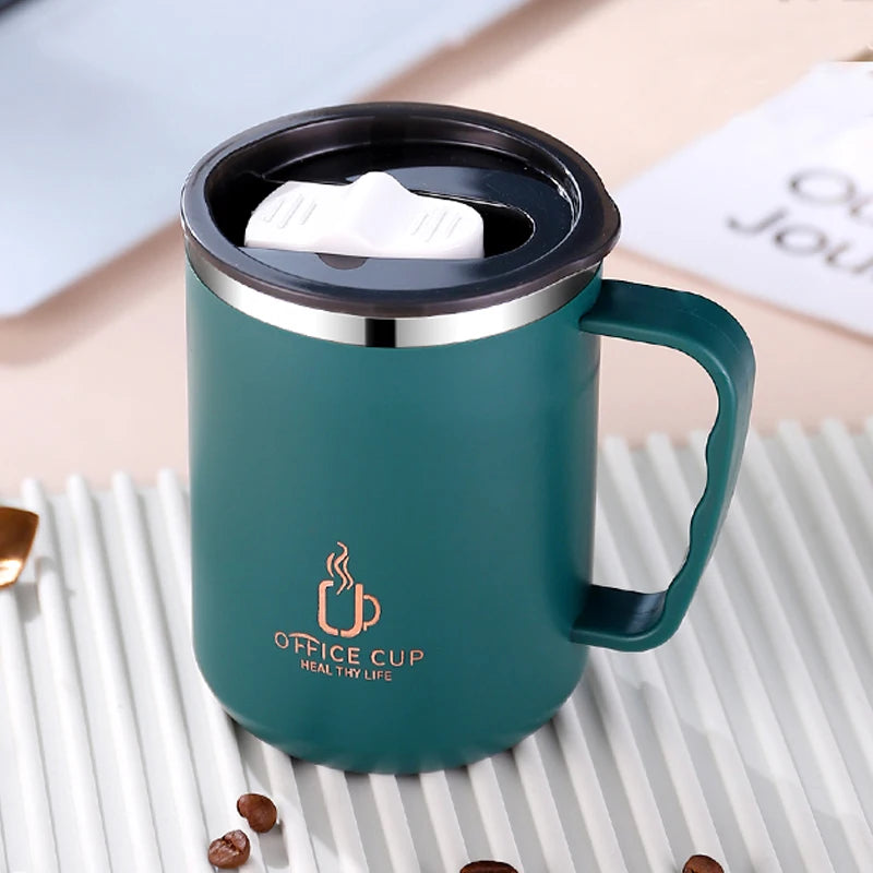 500ml/17oz 304 Stainless Steel Water Bottle Double Layers Coffee Mug Milk Cup With Plastic Lid And Handle
