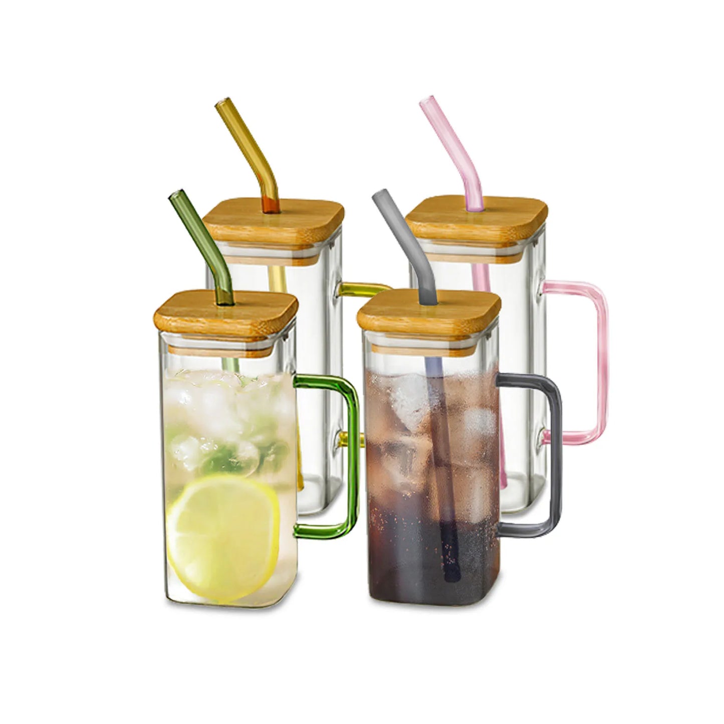 400ml Square Glass Mug With Lid and Straw Breakfast Milk Cup Microwave Safe Transparent Party Coffee Mug Drinkware Glass