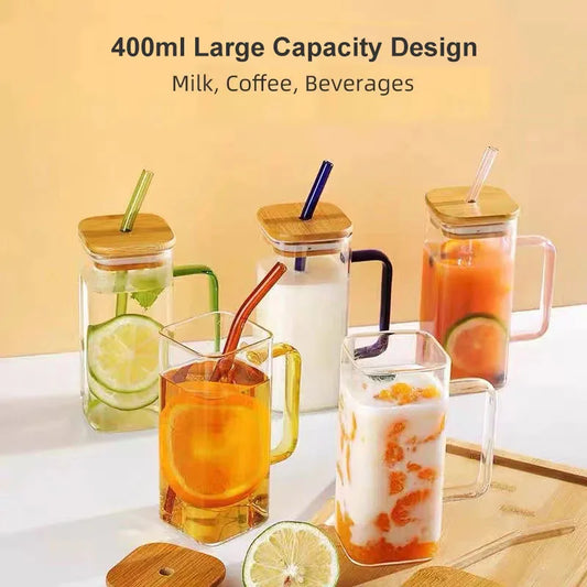 400ml Square Glass Mug With Lid and Straw Breakfast Milk Cup Microwave Safe Transparent Party Coffee Mug Drinkware Glass