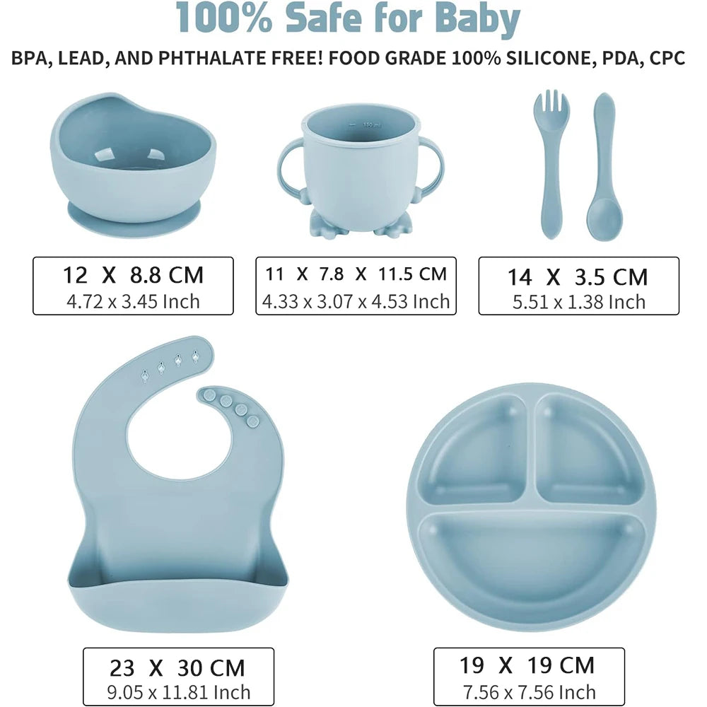 Children's Dishes Set Baby Silicone Tableware 6PCS Set Sucker Bowl Bib Cup Fork Spoon Set Maternal and Infant Supplies BPA  Free