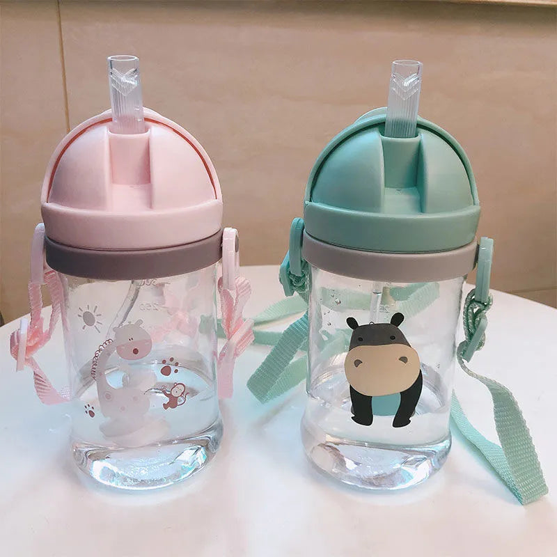 Kids Children Cartoon Animal School Drinking Water Straw Bottle Gravity Ball Straw Baby Cup with Shoulder Strap Water Bottle