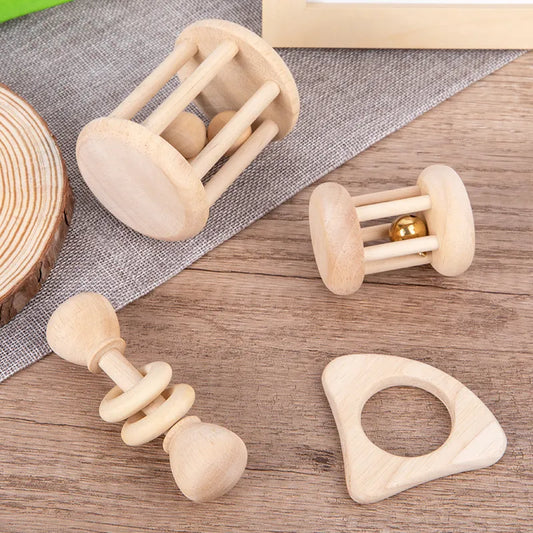 4 Pieces Wooden Baby Rattle Toy