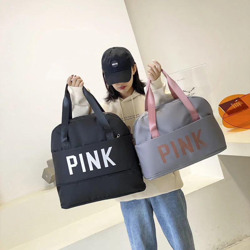 Pink Letter Travel Duffle Bag Handbag Women Men Scalable Large Luggage Bags Wet Dry Separation Fitness Swimming Sports Bag